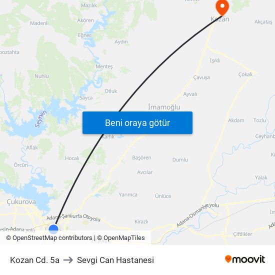 Kozan Cd. 5a to Sevgi Can Hastanesi map