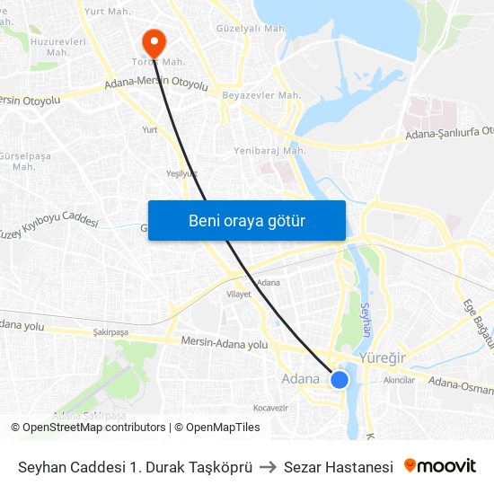 Seyhan Caddesi 1. Durak Taşköprü to Sezar Hastanesi map