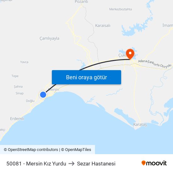 50081 - Mersin Kız Yurdu to Sezar Hastanesi map