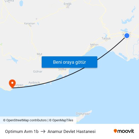 Optimum Avm 1b to Anamur Devlet Hastanesi map