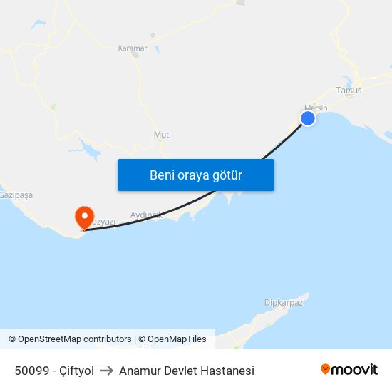 50099 - Çiftyol to Anamur Devlet Hastanesi map