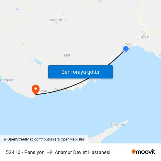 52416 - Pansiyon to Anamur Devlet Hastanesi map