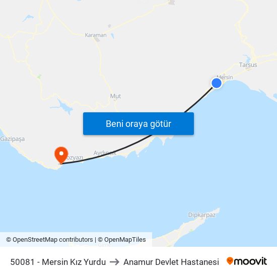 50081 - Mersin Kız Yurdu to Anamur Devlet Hastanesi map