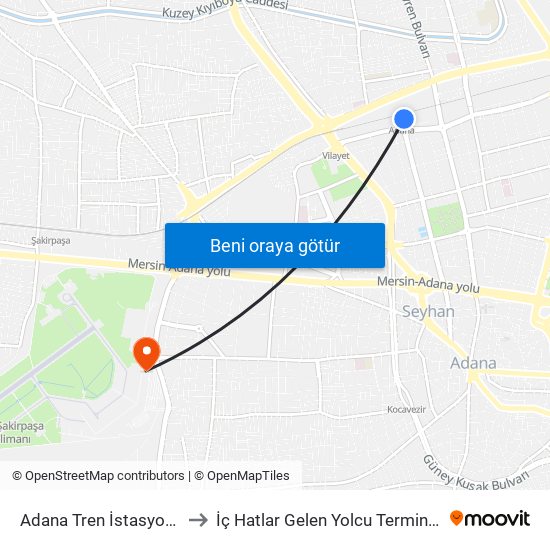 Adana Tren İstasyonu to İç Hatlar Gelen Yolcu Terminali map
