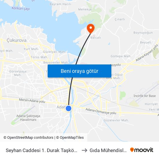 Seyhan Caddesi 1. Durak Taşköprü to Gıda Mühendisliği map