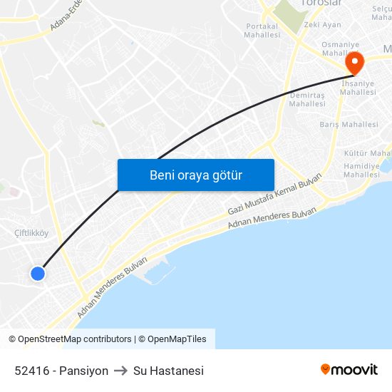 52416 - Pansiyon to Su Hastanesi map