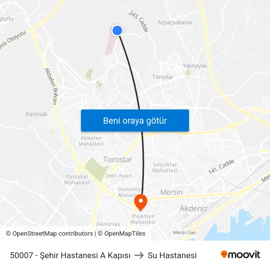 50007 - Şehir Hastanesi A Kapısı to Su Hastanesi map