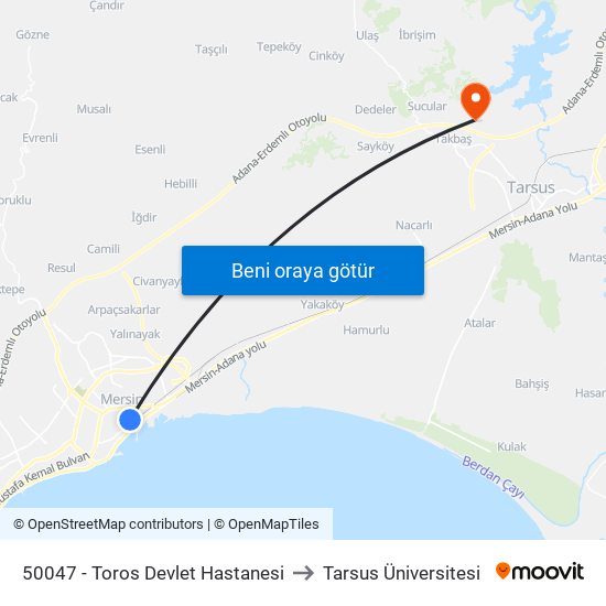 50047 - Toros Devlet Hastanesi to Tarsus Üniversitesi map