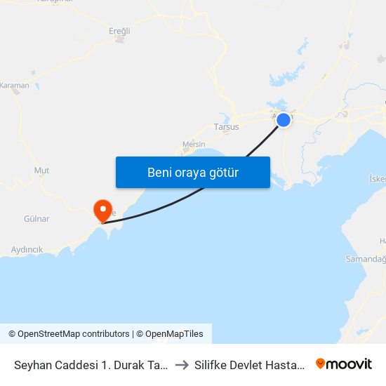 Seyhan Caddesi 1. Durak Taşköprü to Silifke Devlet Hastahanesi map