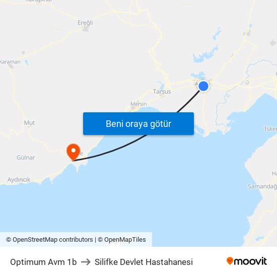 Optimum Avm 1b to Silifke Devlet Hastahanesi map