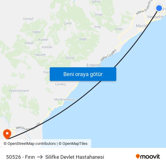50526 - Fırın to Silifke Devlet Hastahanesi map