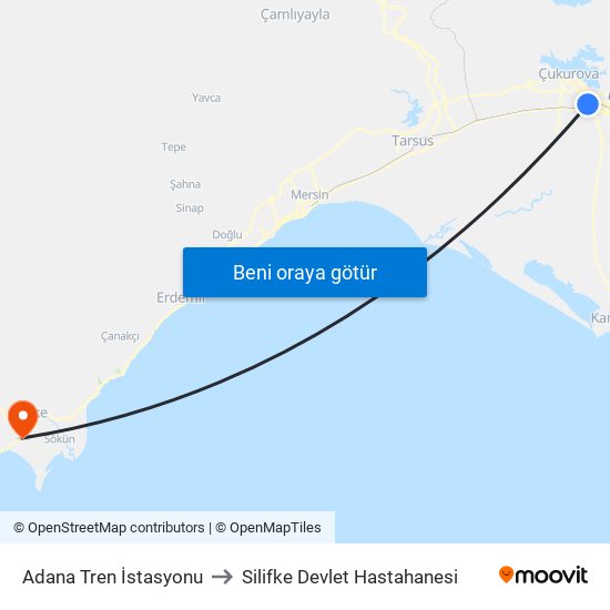 Adana Tren İstasyonu to Silifke Devlet Hastahanesi map