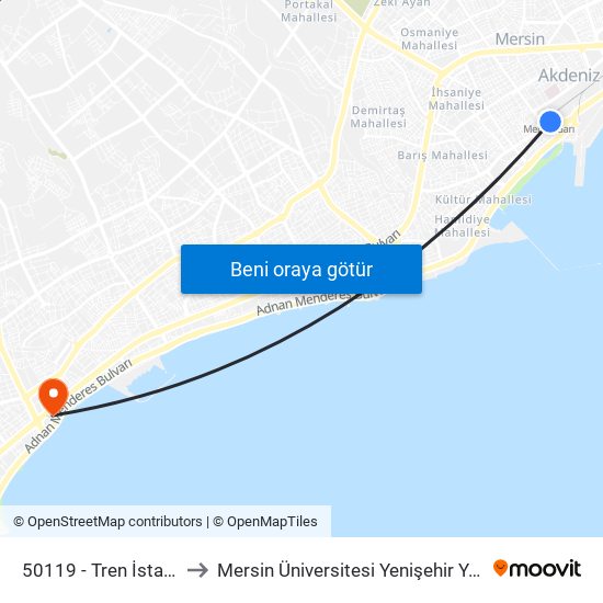 50119 - Tren İstasyonu to Mersin Üniversitesi Yenişehir Yerleşkesi map