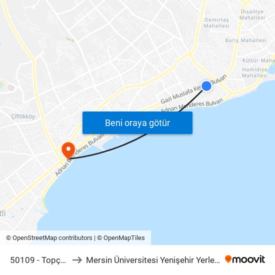 50109 - Topçular to Mersin Üniversitesi Yenişehir Yerleşkesi map