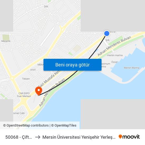 50068 - Çiftyol to Mersin Üniversitesi Yenişehir Yerleşkesi map