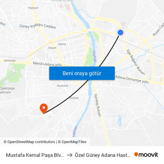 Mustafa Kemal Paşa Blv. 11b to Özel Güney Adana Hastanesi map