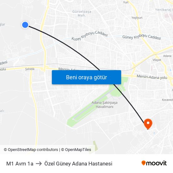 M1 Avm 1a to Özel Güney Adana Hastanesi map