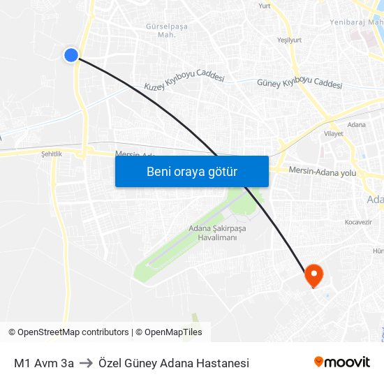 M1 Avm 3a to Özel Güney Adana Hastanesi map