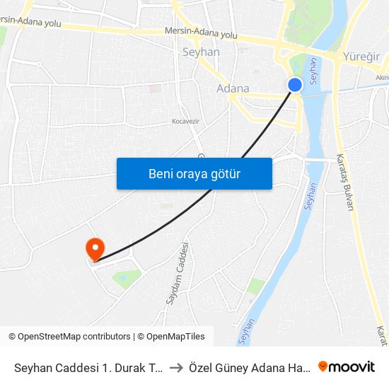 Seyhan Caddesi 1. Durak Taşköprü to Özel Güney Adana Hastanesi map