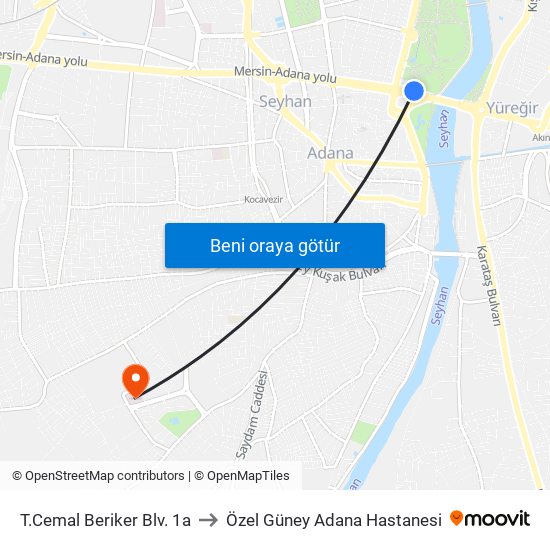 T.Cemal Beriker Blv. 1a to Özel Güney Adana Hastanesi map
