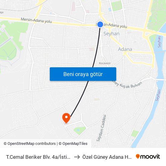 T.Cemal Beriker Blv. 4a/İstiklal Metro to Özel Güney Adana Hastanesi map