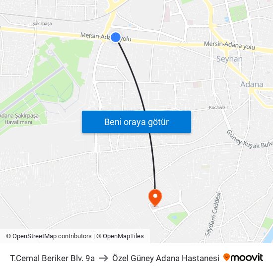 T.Cemal Beriker Blv. 9a to Özel Güney Adana Hastanesi map