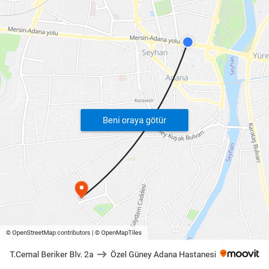 T.Cemal Beriker Blv. 2a to Özel Güney Adana Hastanesi map