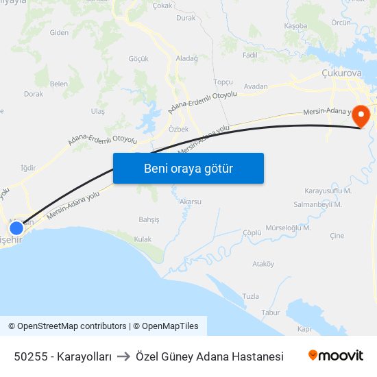 50255 - Karayolları to Özel Güney Adana Hastanesi map