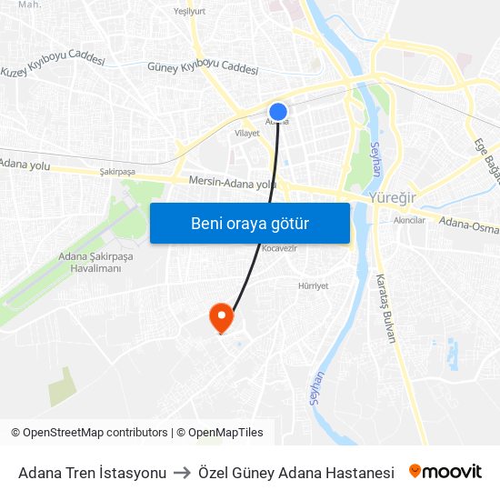 Adana Tren İstasyonu to Özel Güney Adana Hastanesi map