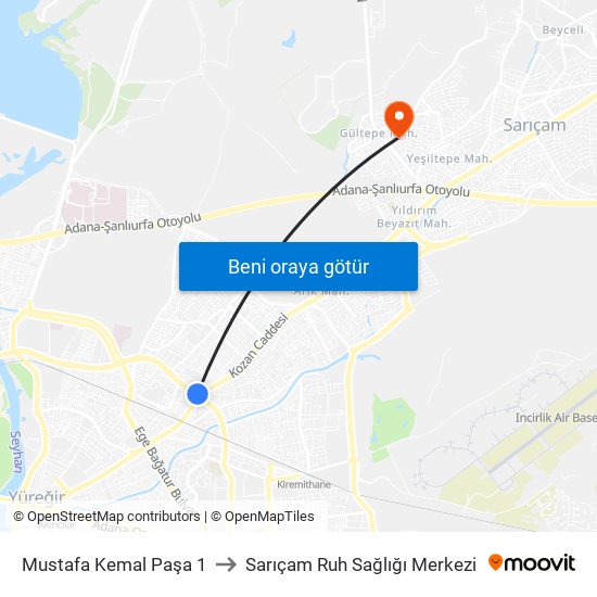 Mustafa Kemal Paşa 1 to Sarıçam Ruh Sağlığı Merkezi map