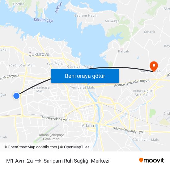 M1 Avm 2a to Sarıçam Ruh Sağlığı Merkezi map