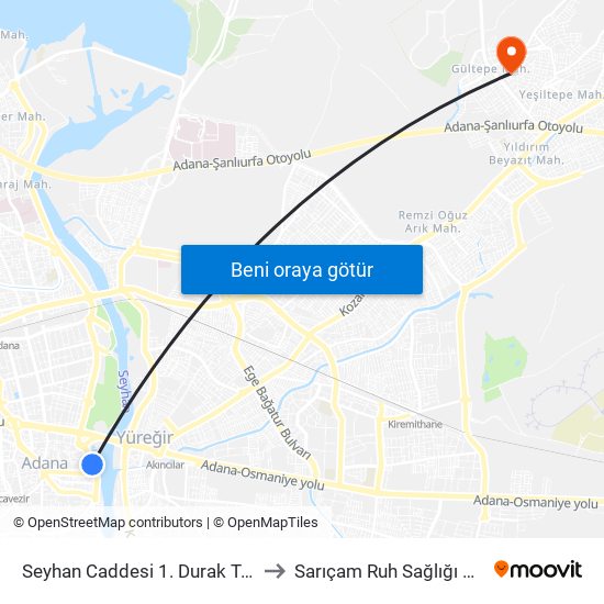 Seyhan Caddesi 1. Durak Taşköprü to Sarıçam Ruh Sağlığı Merkezi map