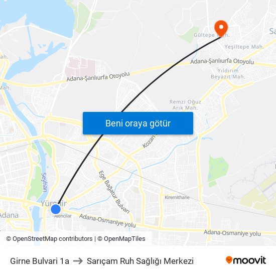 Girne Bulvari 1a to Sarıçam Ruh Sağlığı Merkezi map