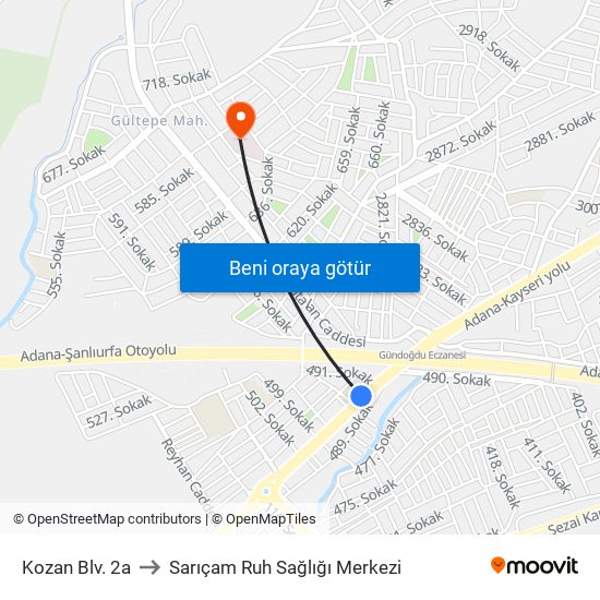 Kozan Blv. 2a to Sarıçam Ruh Sağlığı Merkezi map