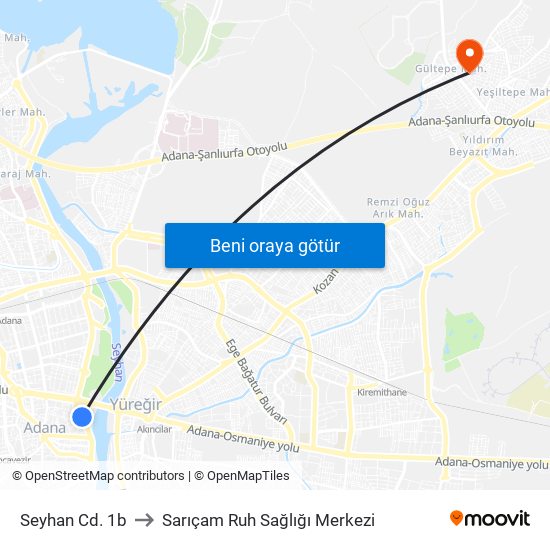 Seyhan Cd. 1b to Sarıçam Ruh Sağlığı Merkezi map