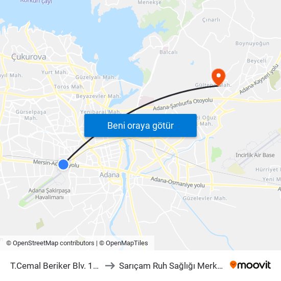 T.Cemal Beriker Blv. 10a to Sarıçam Ruh Sağlığı Merkezi map