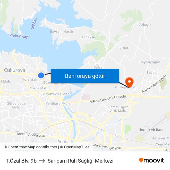 T.Özal Blv. 9b to Sarıçam Ruh Sağlığı Merkezi map