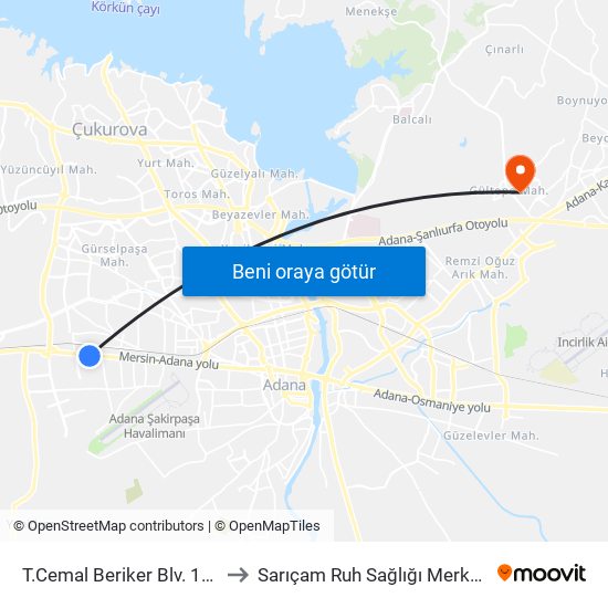 T.Cemal Beriker Blv. 16b to Sarıçam Ruh Sağlığı Merkezi map