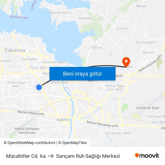 Mücahitler Cd. 6a to Sarıçam Ruh Sağlığı Merkezi map