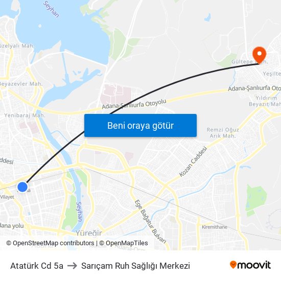 Atatürk Cd 5a to Sarıçam Ruh Sağlığı Merkezi map