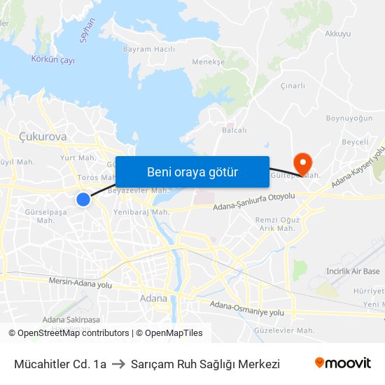 Mücahitler Cd. 1a to Sarıçam Ruh Sağlığı Merkezi map