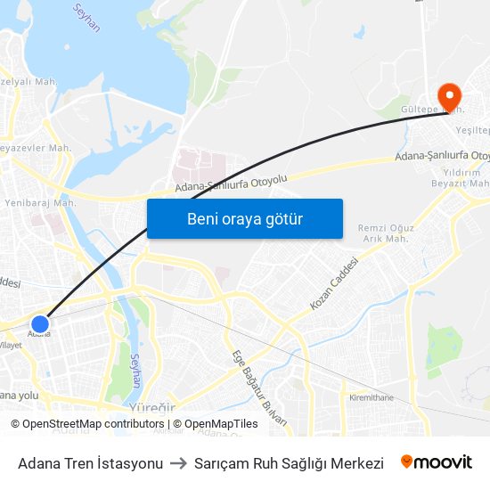 Adana Tren İstasyonu to Sarıçam Ruh Sağlığı Merkezi map