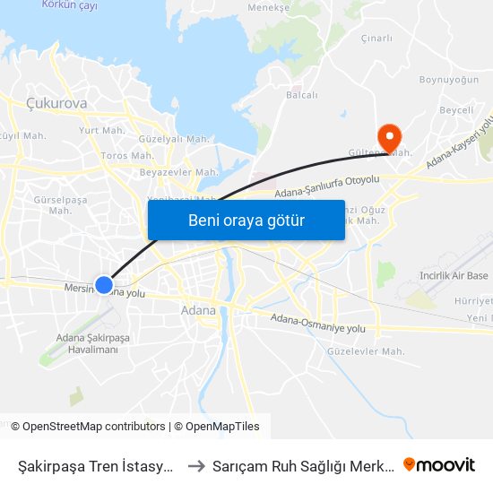 Şakirpaşa Tren İstasyonu to Sarıçam Ruh Sağlığı Merkezi map