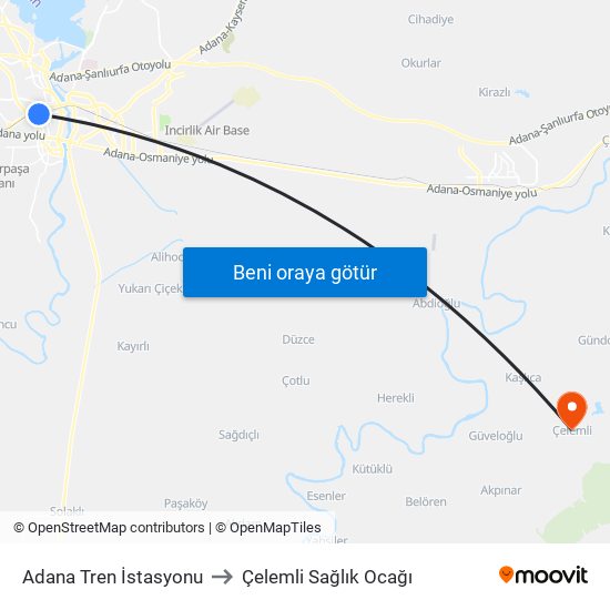 Adana Tren İstasyonu to Çelemli Sağlık Ocağı map