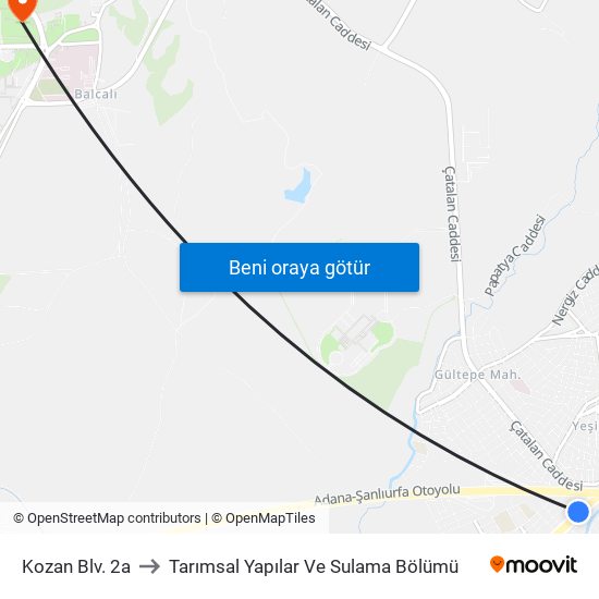 Kozan Blv. 2a to Tarımsal Yapılar Ve Sulama Bölümü map