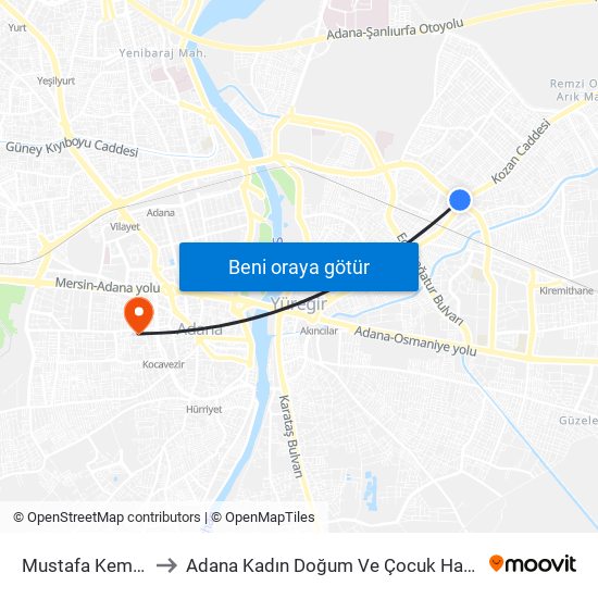 Mustafa Kemal Paşa 1 to Adana Kadın Doğum Ve Çocuk Hastalıkları Hastanesi map