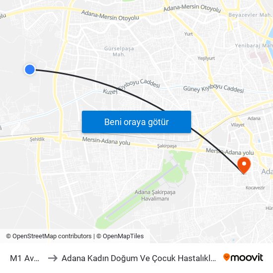 M1 Avm 1a to Adana Kadın Doğum Ve Çocuk Hastalıkları Hastanesi map