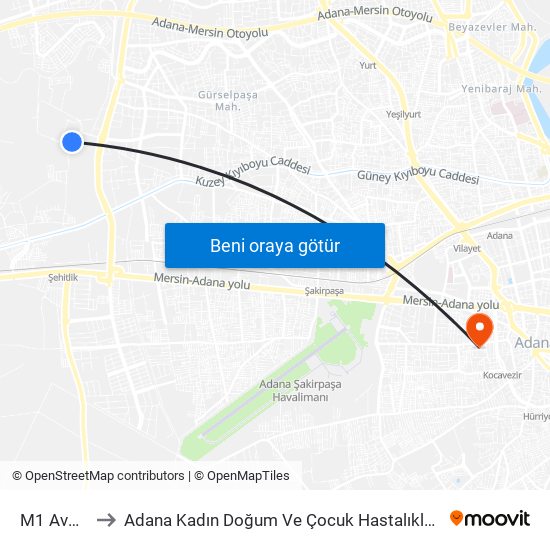 M1 Avm 2a to Adana Kadın Doğum Ve Çocuk Hastalıkları Hastanesi map