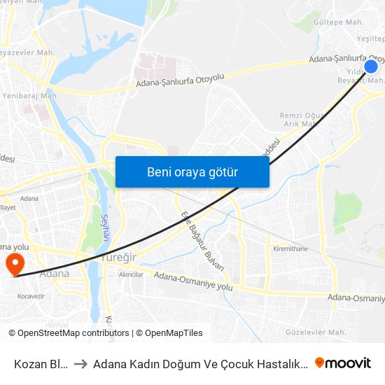 Kozan Blv. 2a to Adana Kadın Doğum Ve Çocuk Hastalıkları Hastanesi map