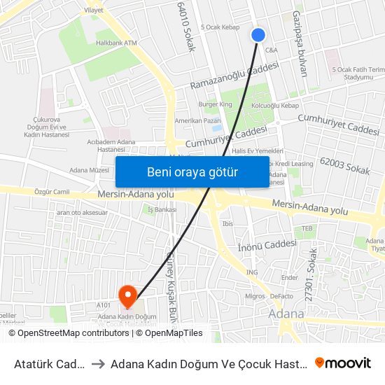 Atatürk Caddesi 4a to Adana Kadın Doğum Ve Çocuk Hastalıkları Hastanesi map